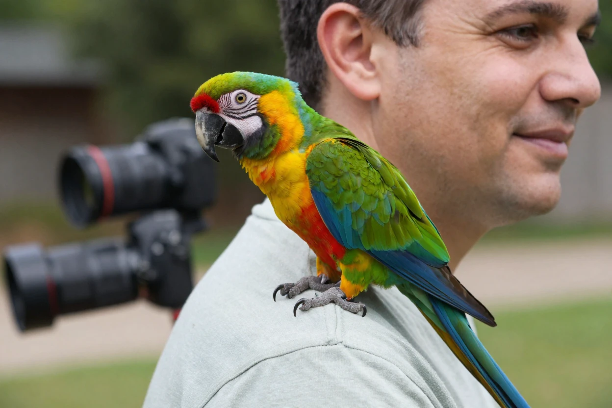A parrot perched colorfully on its owner's shoulder