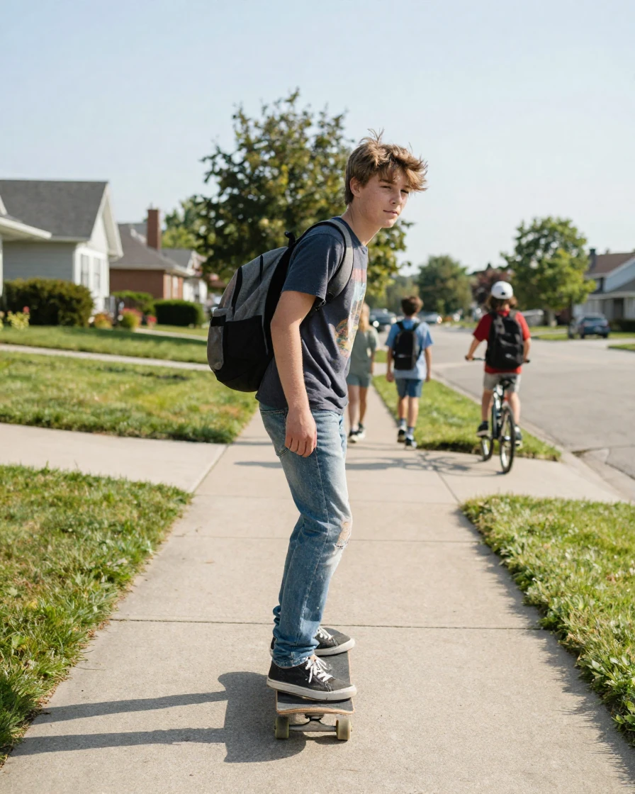 A teenager skateboards to school with a backpack slung over one shoulder.