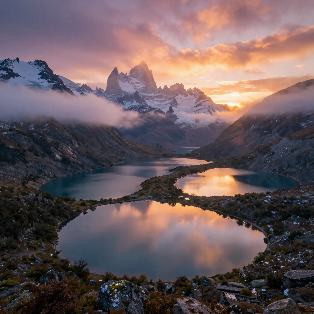 A network of glacial lakes blanketed in the last light of dusk