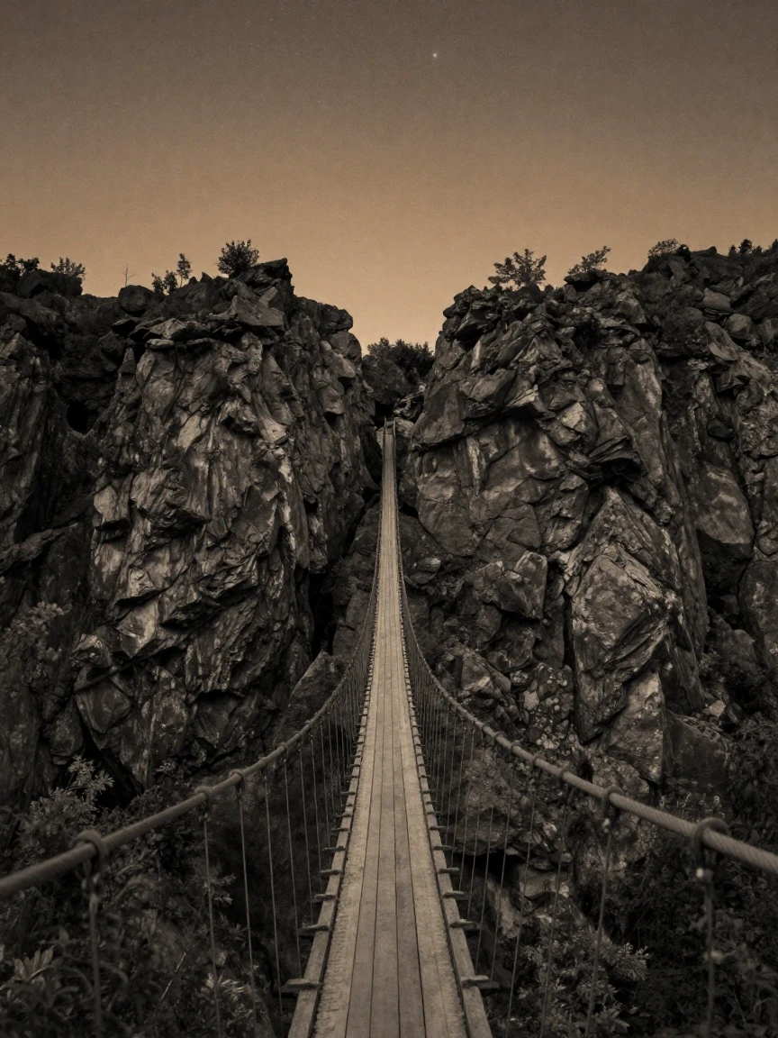 A narrow suspension bridge crossing a deep mountain gorge, under a canopy of stars, in still, windless air, as summer fades into fall, with stark black-and-white contrast softened by a single warm hue, in a tight close-up.