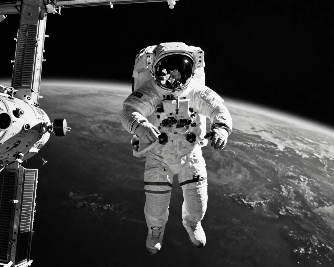 An astronaut floats outside a space station with Earth's curvature glowing behind it.