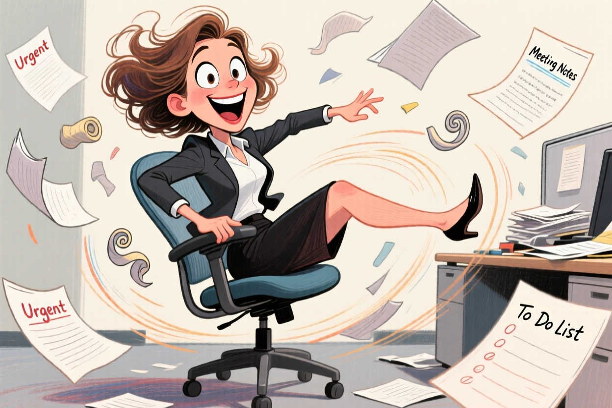 A woman caught mid-twirl in an office chair, papers flying off her desk.