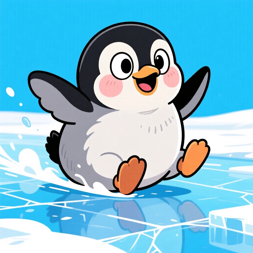 A charming animal moment featuring a wide-eyed baby penguin sliding comically across the ice on its belly.