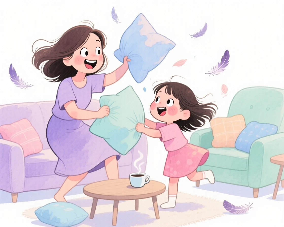 A mother and daughter having a pillow fight in a cozy living room