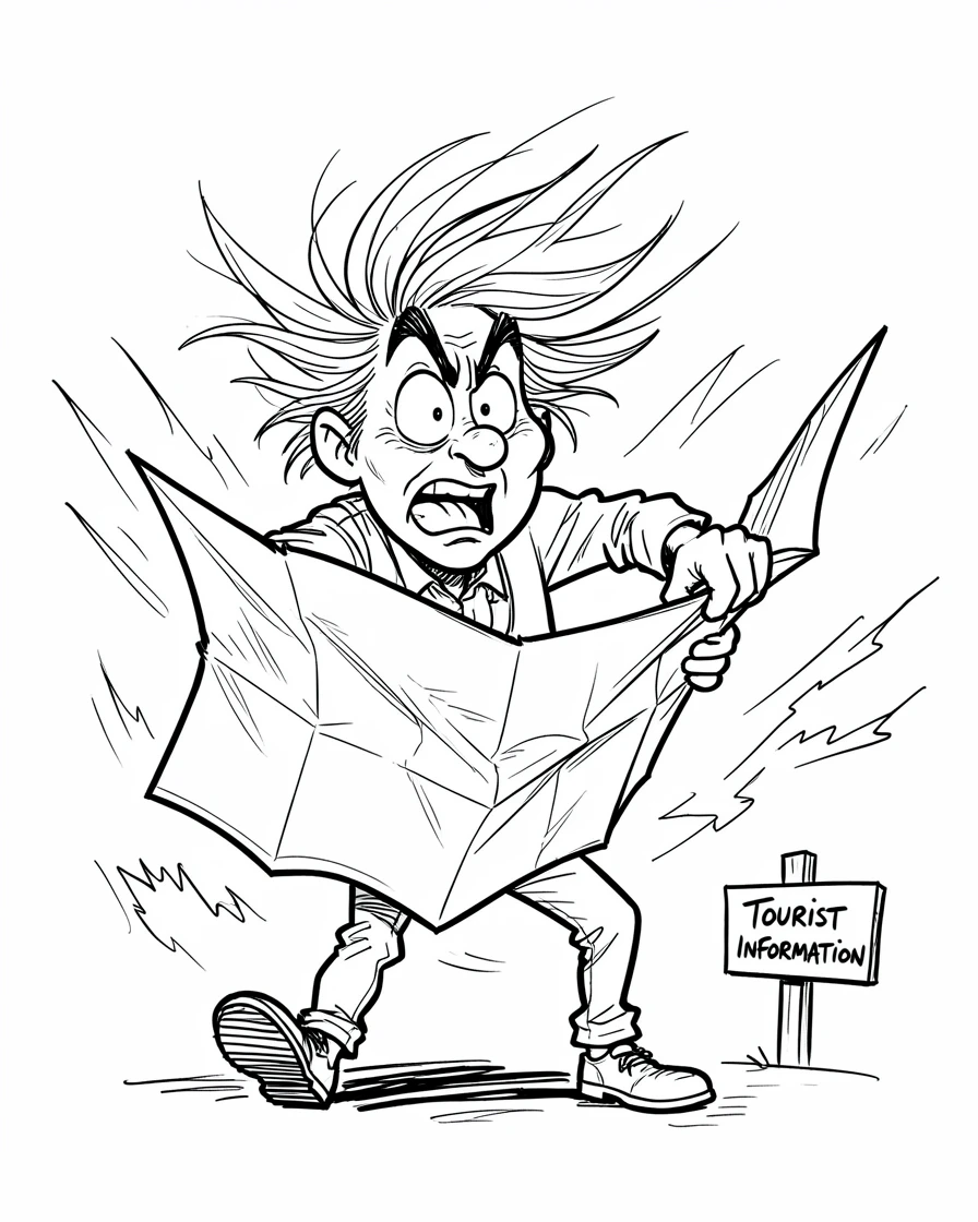 [Funny & Exaggerated Situations] Comical scene of a tourist struggling to fold a giant map in strong wind, exaggerated for maximum laughs