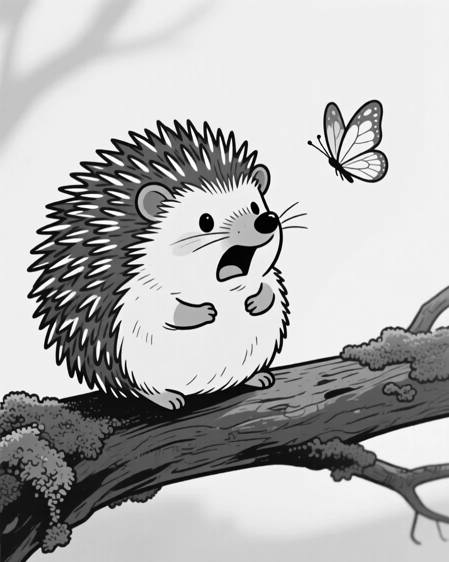 A tiny hedgehog curled into a defensive ball, spitting theatrically in mock outrage, set on a mossy tree branch at dusk. A butterfly drifts obliviously past. It feels like the kind of photo that instantly earns a smile.