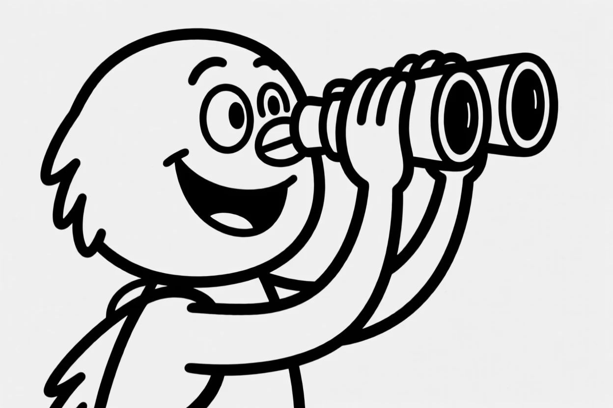 A birdwatcher peering through binoculars, delighted at spotting a rare bird.