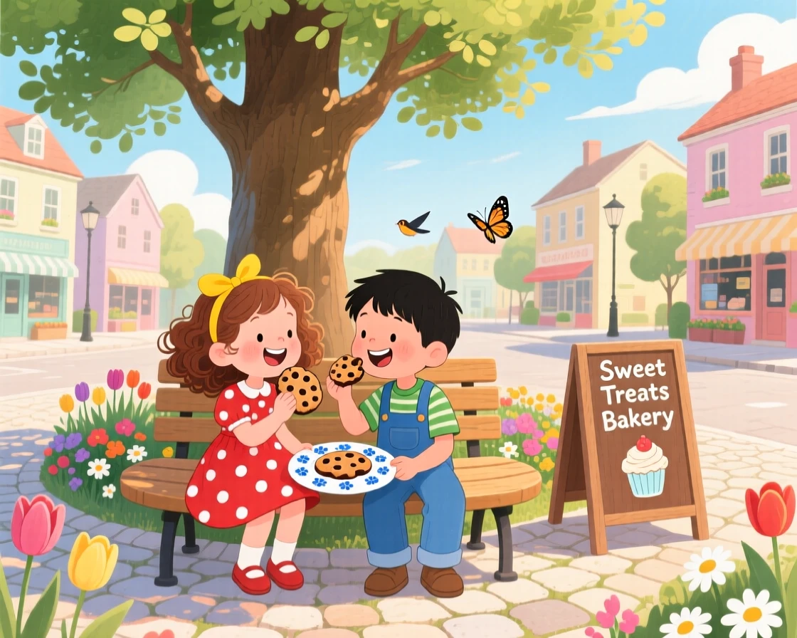 In a small town square, two best friends bond over sharing the last cookie between two friends, as a small act of kindness brings a big smile.