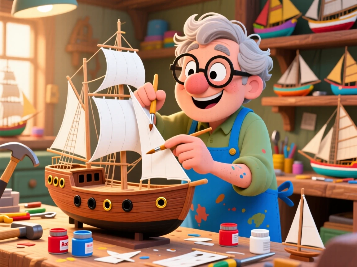A model ship builder gluing tiny sails onto a wooden hull.