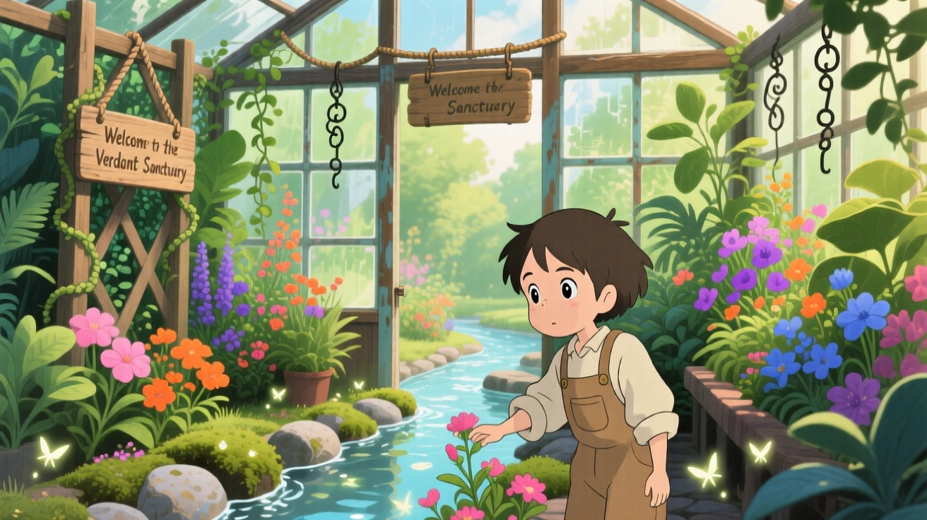 A greenhouse overflowing with exotic blooming plants, a narrow stream trickling over smooth stones, creating a scene of quiet natural magic.