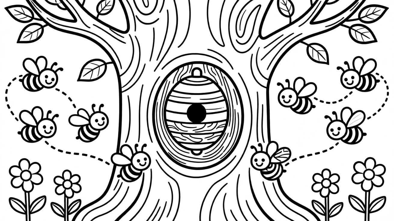 A beehive tucked into a hollow tree buzzing with activity