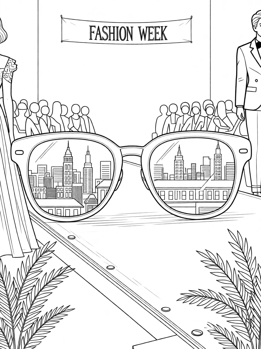 A pair of sunglasses reflecting a city skyline, photographed on a runway during a fashion show.