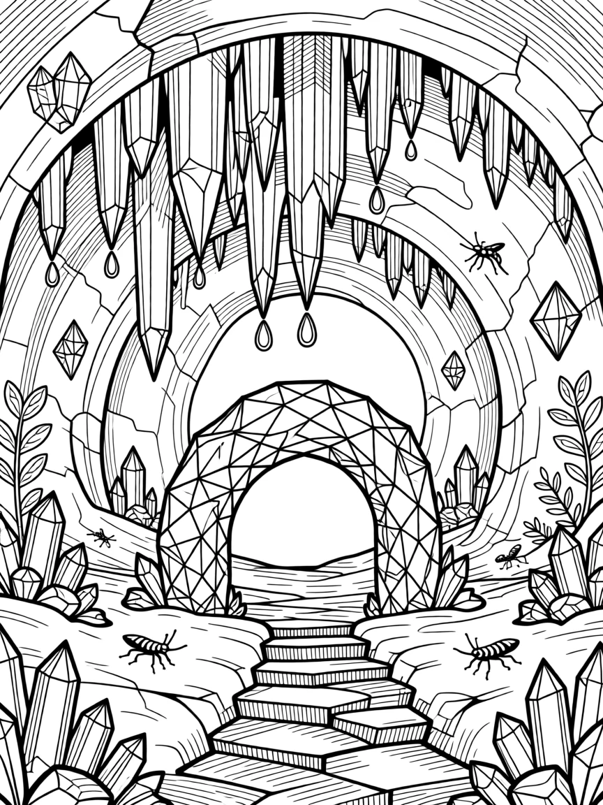 A crystal cave filled with glowing gemstones and stalactites.