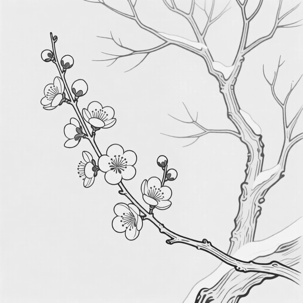 A branch of plum blossoms against a bare winter tree