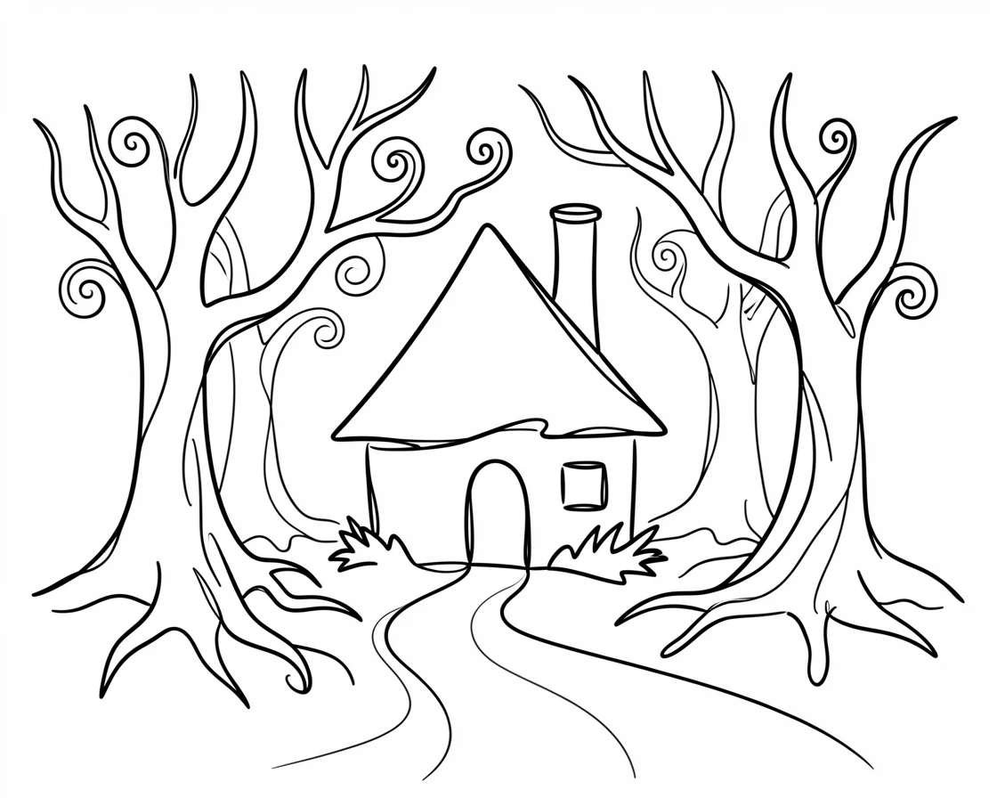 A witch's cottage nestled deep within a twisted enchanted forest