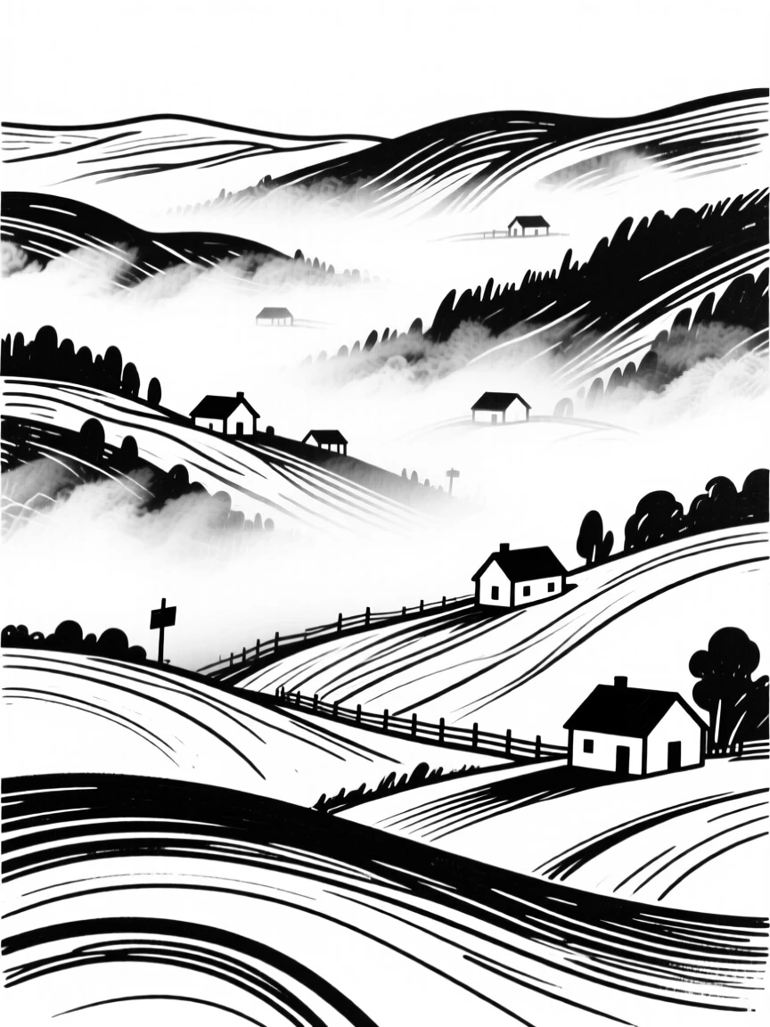 A dense fog rolling over a valley dotted with farmhouses.