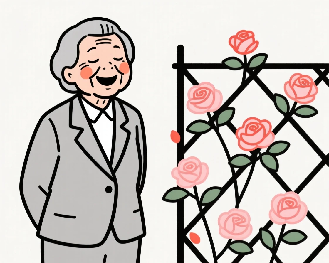 A grandmother of Japanese heritage in a tailored business suit, laughing with eyes closed, beside a blooming rose trellis.