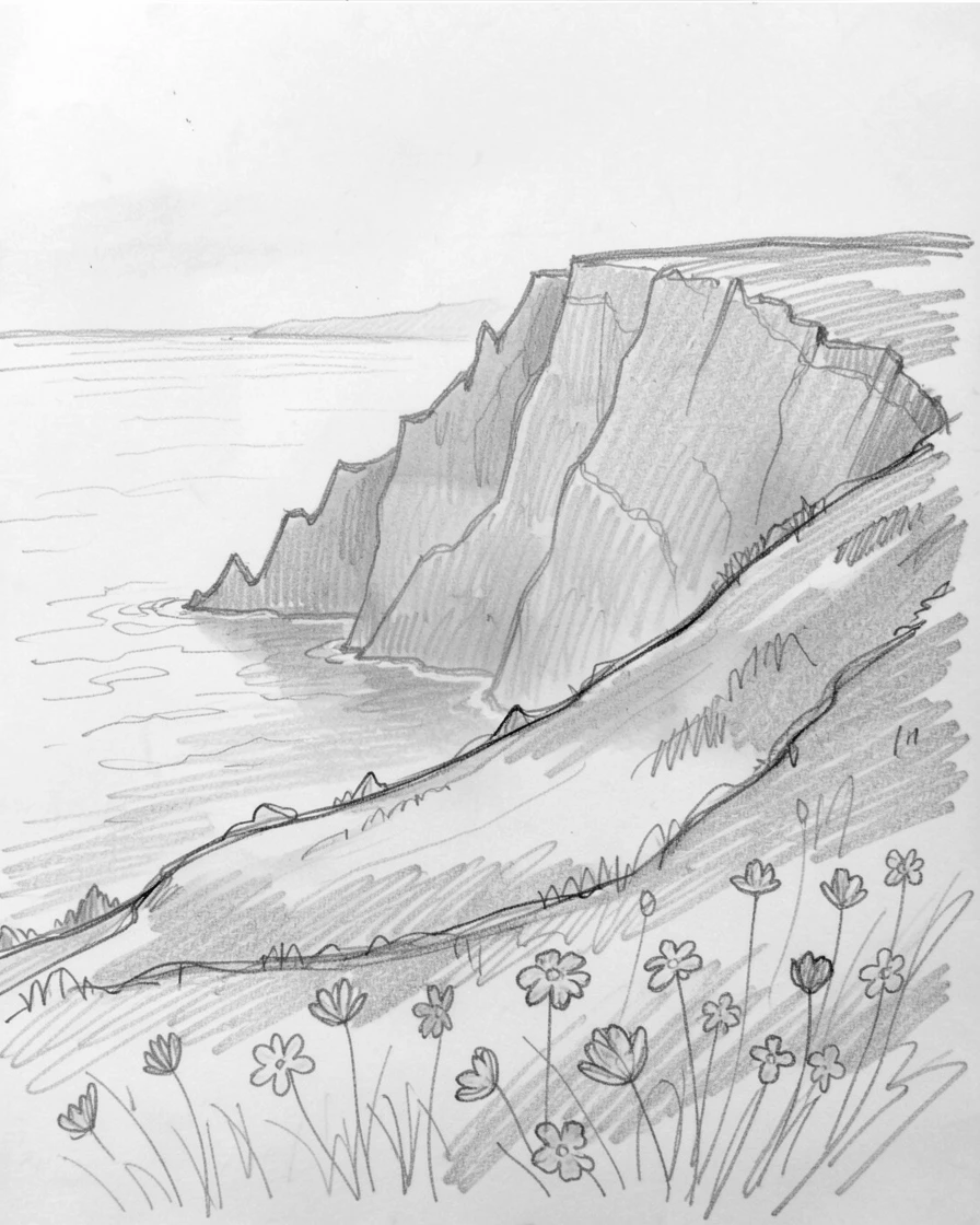 Sweeping landscape of a dramatic sea cliff wrapped in soft morning mist, with wildflowers scattered across the foreground.