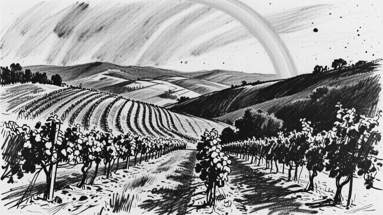 A rolling vineyard hillside with a rainbow stretching across the valley.