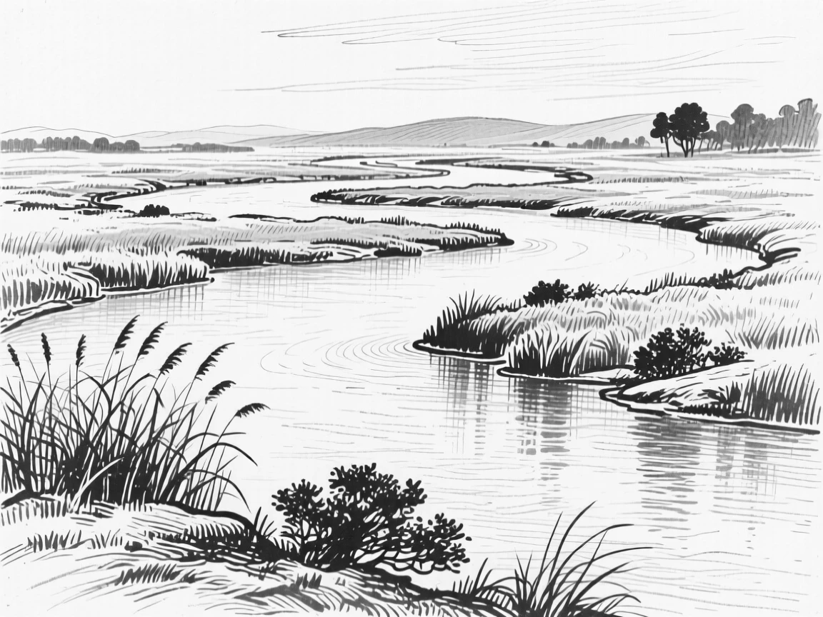 A tranquil river delta with winding waterways reflecting the sky.