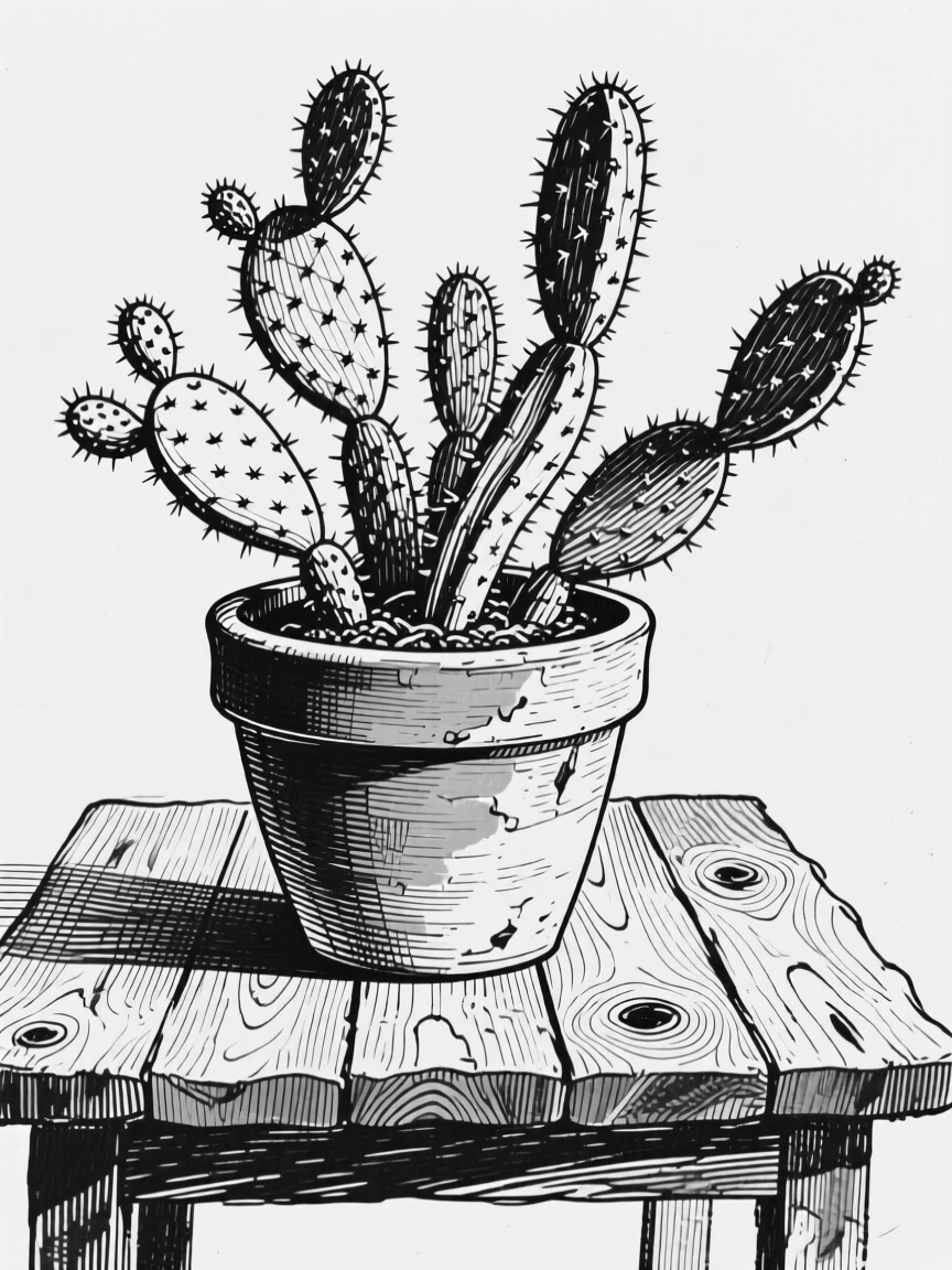 A cactus garden in a terracotta pot set against a rustic wooden table, with stems bending gracefully under their own weight, composed in a gentle and fleeting still-life arrangement.