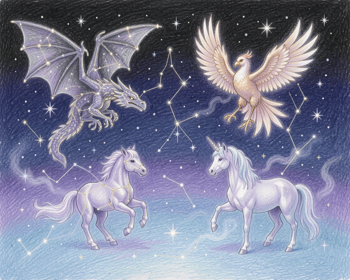 A starlit sky filled with constellations forming magical creatures, bathed in an otherworldly blend of moonlight and magic, capturing a sense of adventure and quiet magic.