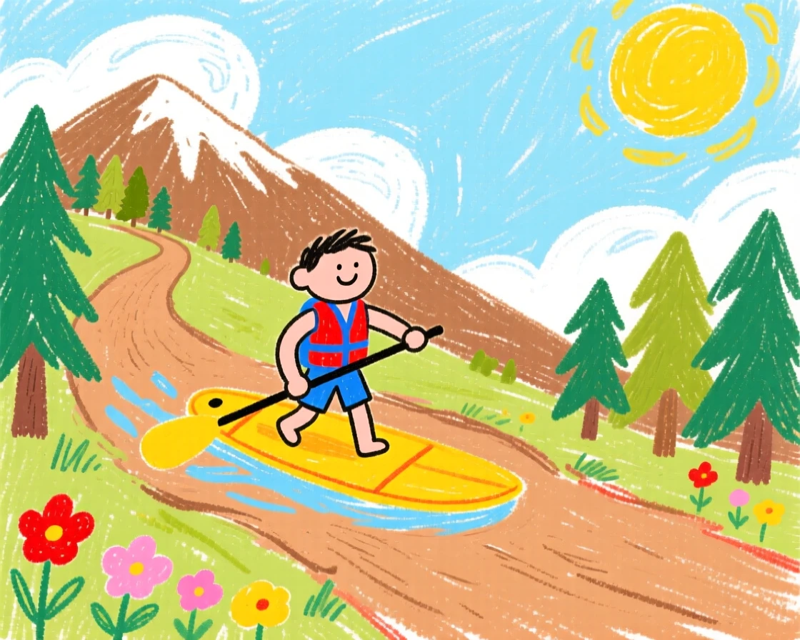 A paddleboarder moving across a sunlit mountain trail.