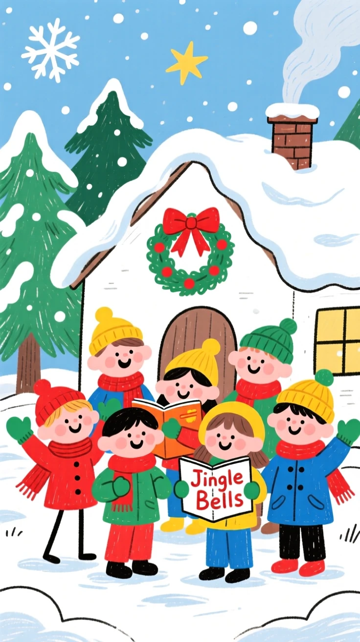 Children singing carols together outside a snow-covered cottage.