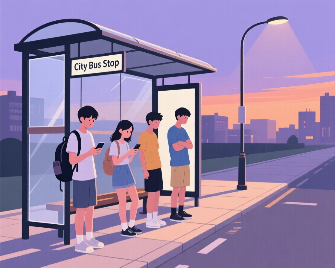 A group of students waiting at a bus stop on a quiet summer evening in the city.