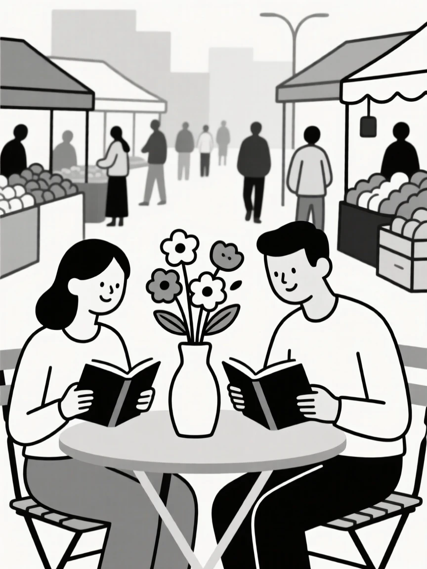 A couple reading quietly in a busy farmers market, surrounded by fresh flowers in a vase, conveying gentle happiness.