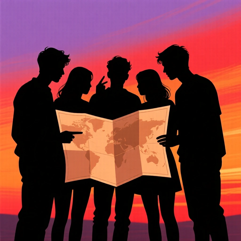 A group of friends huddled around a map planning their next destination.
