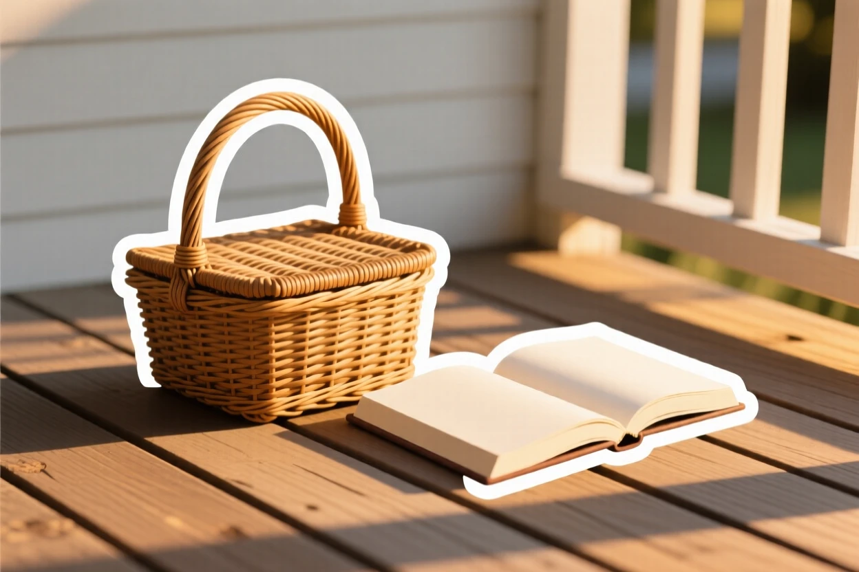 A homely wicker picnic basket, sitting beside an open journal, on a porch during golden hour.
