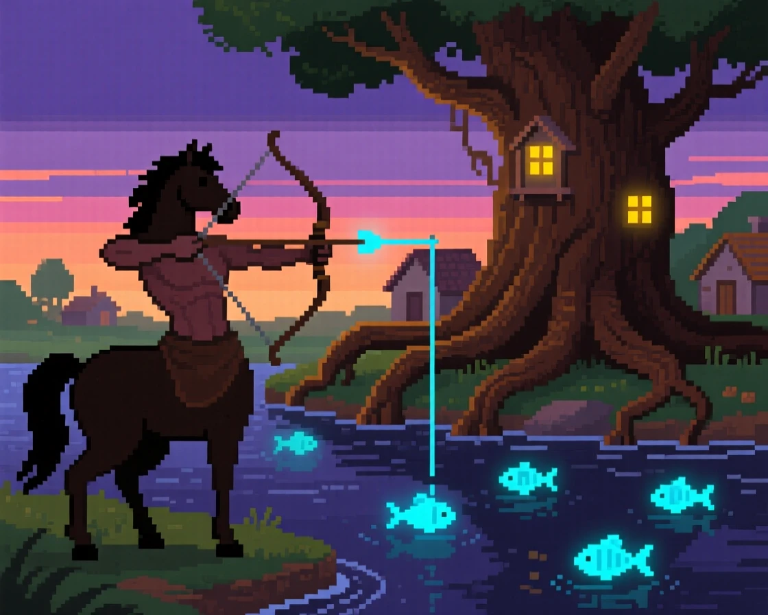 A centaur archer fishing for glowing river fish at twilight, in a village built into giant tree roots.
