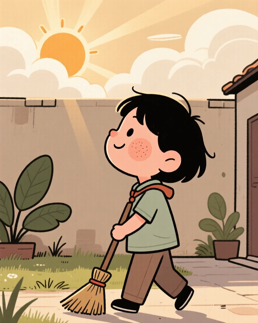 A young student pauses mid-chores to watch the sun breaking through the clouds, a small smile crossing their face at the simple beauty of it.