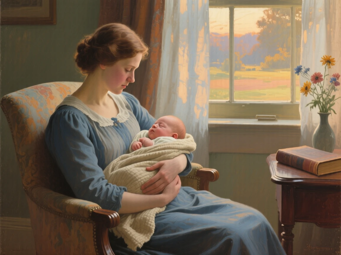 A well-framed scene of a mother cradling her newborn child, in late afternoon, in the mid-20th century.