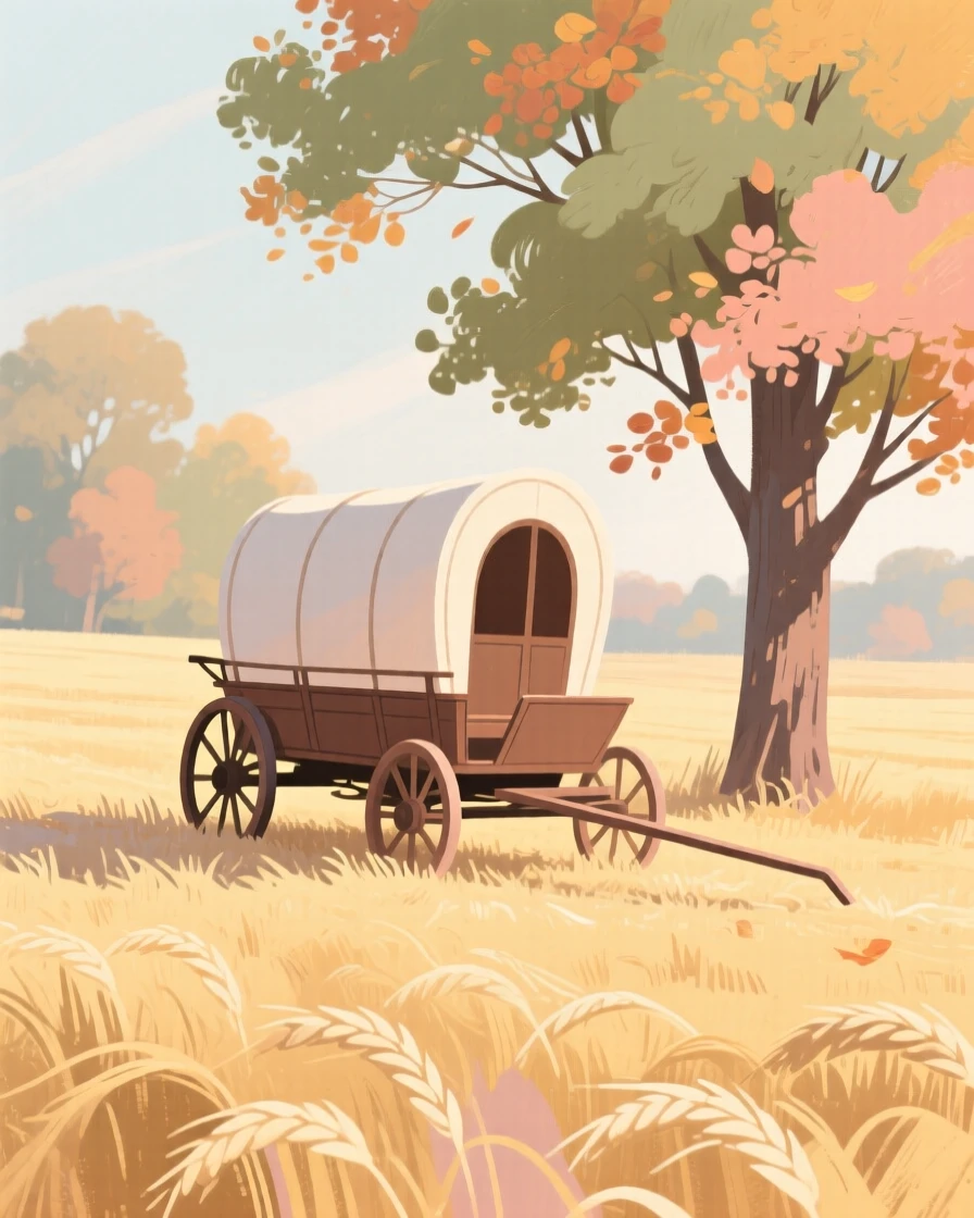 A hayride wagon crossing a golden field beneath autumn trees