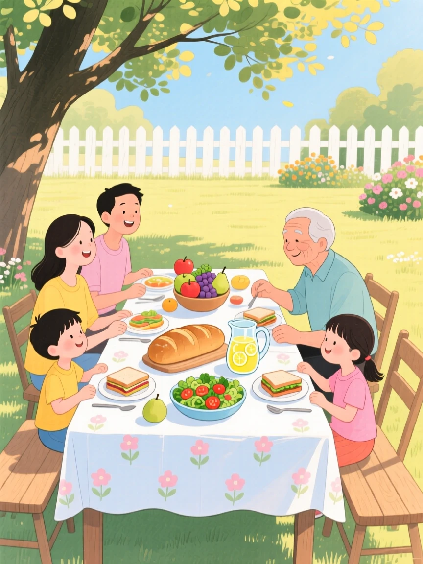 A joyful scene of a family sharing a meal at a long outdoor table.