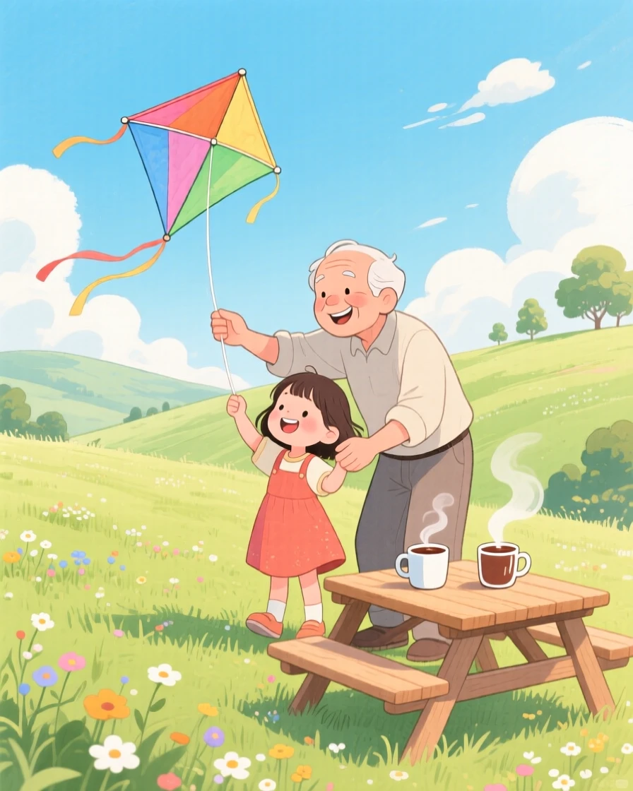 A grandfather teaching his granddaughter to fly a kite, in an open green hillside under a bright sky, with steam rising from mugs of cocoa nearby, the gentle passing down of simple joys.