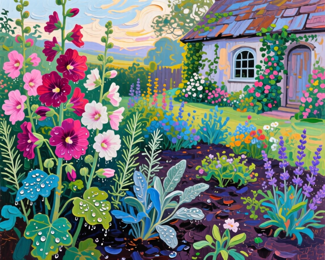 a cottage garden crowded with hollyhocks and herbs, just after watering, with layered visual detail from foreground to horizon.