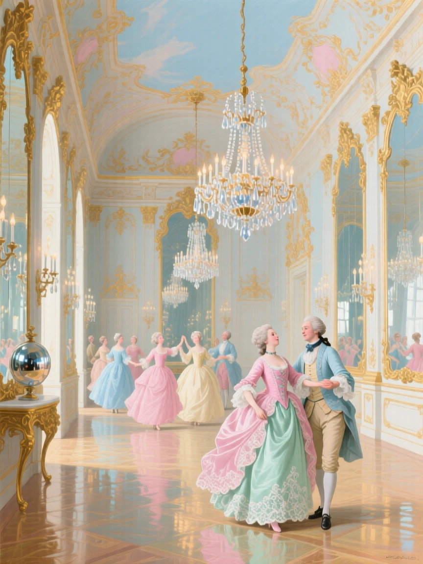 A mirrored ballroom filled with reflected chandeliers and dancers in the distance  