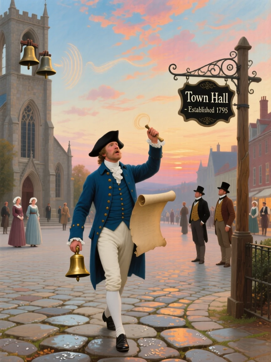 A town crier walks along a grand cobblestone square as church bells ring out.