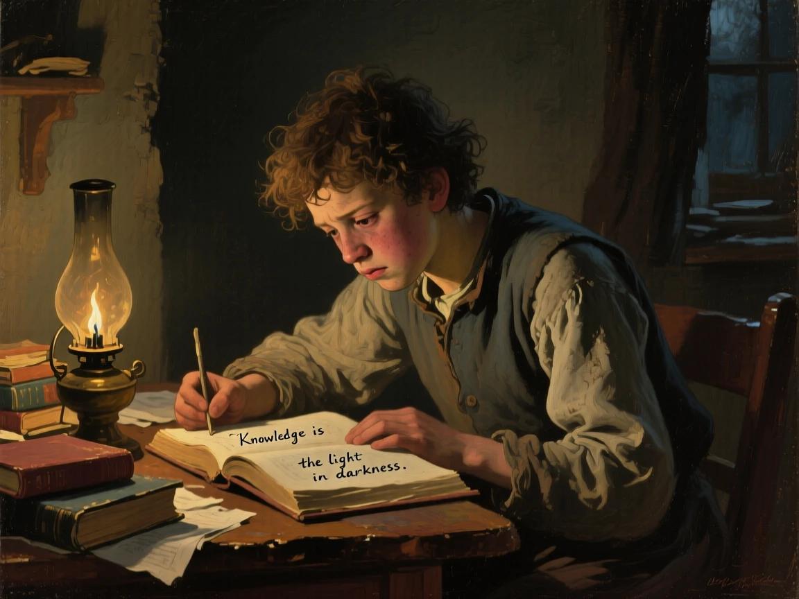 A young student poring over books late at night, determined to succeed, framed closely to draw focus to their heartfelt expression, capturing a universal, deeply human moment of emotion