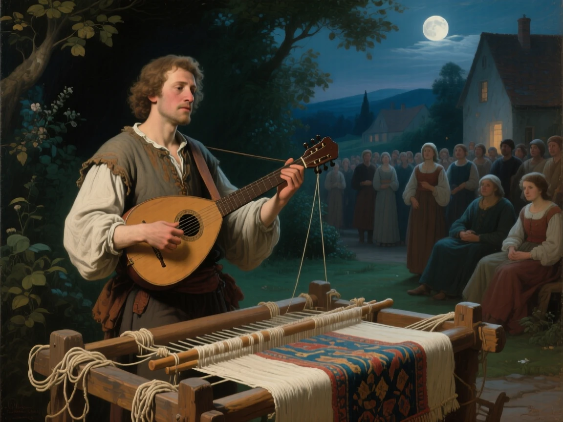 A traveling minstrel performing before a gathered village crowd in a scene familiar yet freshly reimagined, set within a moonlit garden fit for legend, with an old wooden loom, tangled threads, and a half-finished tapestry; foreground props hint at the tale without overwhelming the central figure, radiating whimsy touched with gentle melancholy.