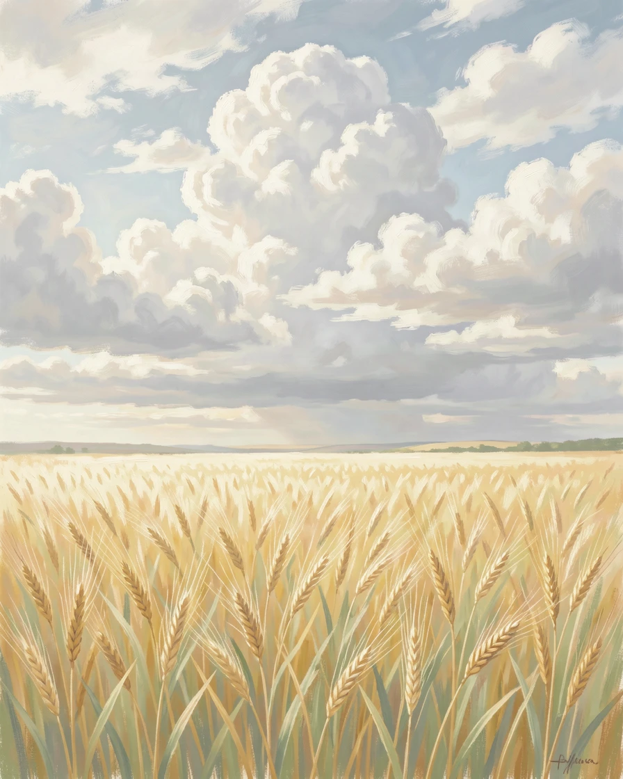 A field of golden barley swaying in the wind beneath a dramatic sky filled with towering cumulus clouds.