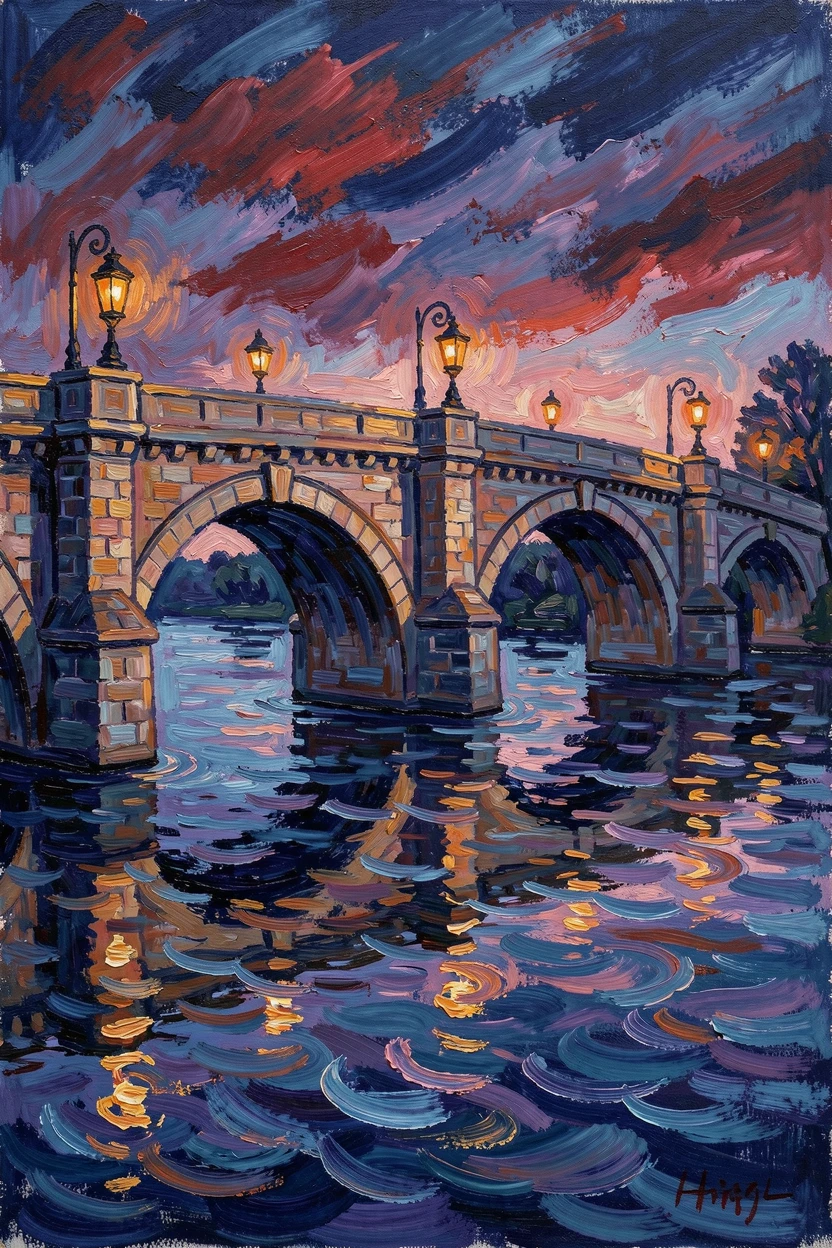 A grand old bridge arching over a wide river, lit by lanterns at dusk.