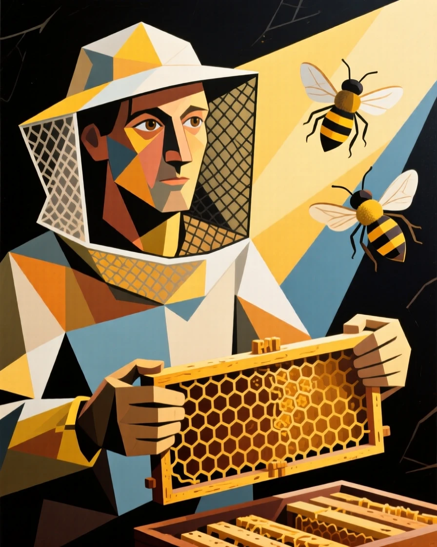 A medium shot portrait of a beekeeper pausing mid-task to look toward the light, focused and content in the craft.