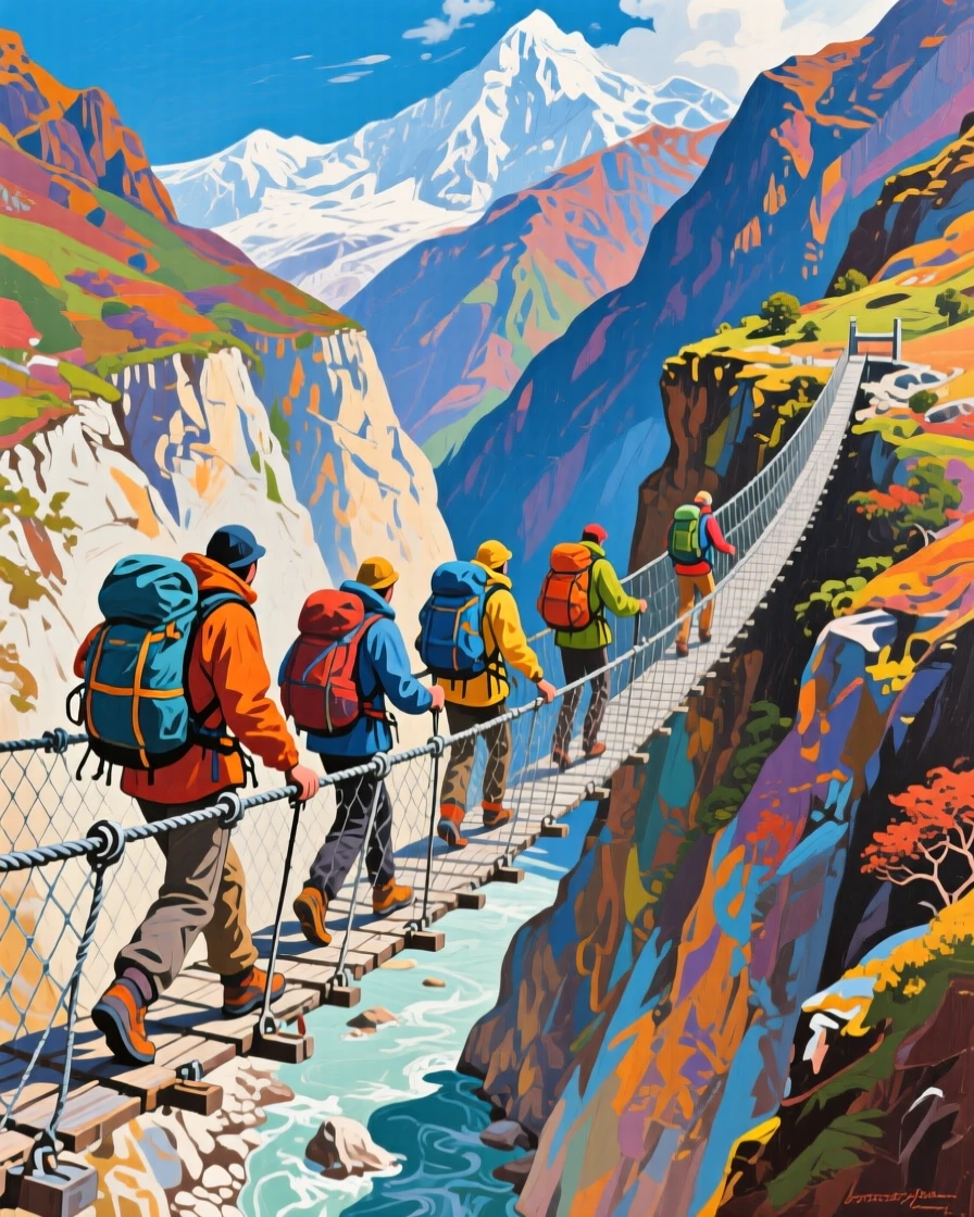 A group of trekkers crossing a swinging rope bridge over a deep Himalayan gorge