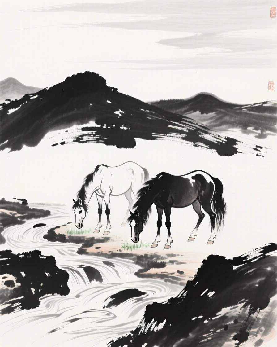 Two horses graze peacefully beside a mountain stream, beneath a vast open sky.