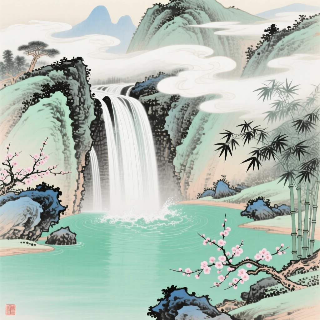 A waterfall cascading into a jade-green pool, with wisps of cloud drifting through the valley below