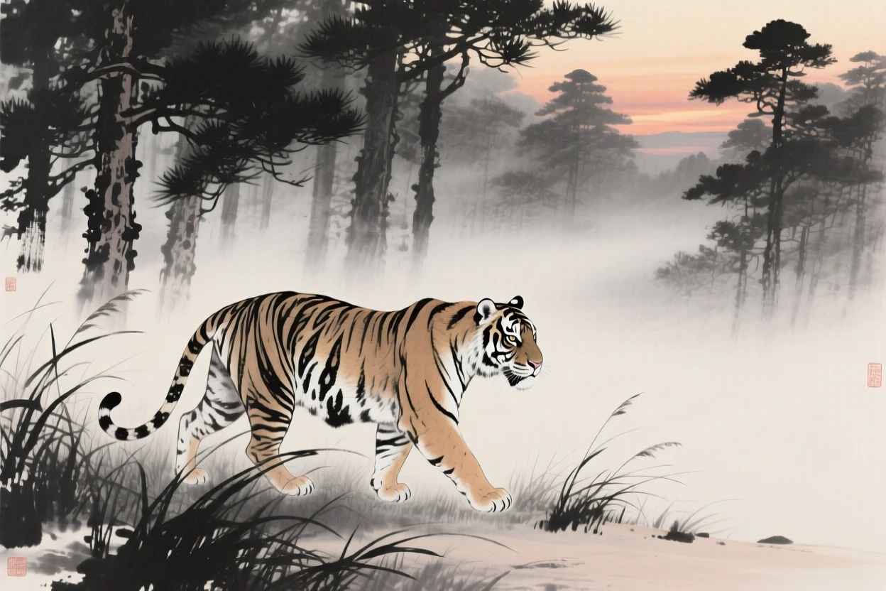 A tiger walking through tall grass at dusk in a misty pine forest, seen from a respectful distance within its natural surroundings, conveying quiet strength and natural grace.